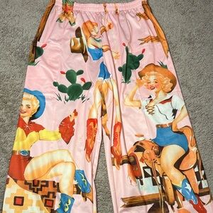Source Unknown Pink Western Print Wide Leg Pants